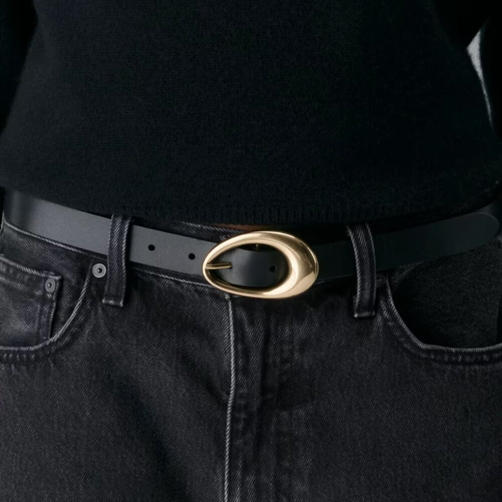 Aritzia Perennial Solid Brass Leather Belt (Black/Gold)